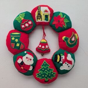 Vintage Handmade Needlepoint Christmas Wreath Wall Hanging Santa Snowman 12"